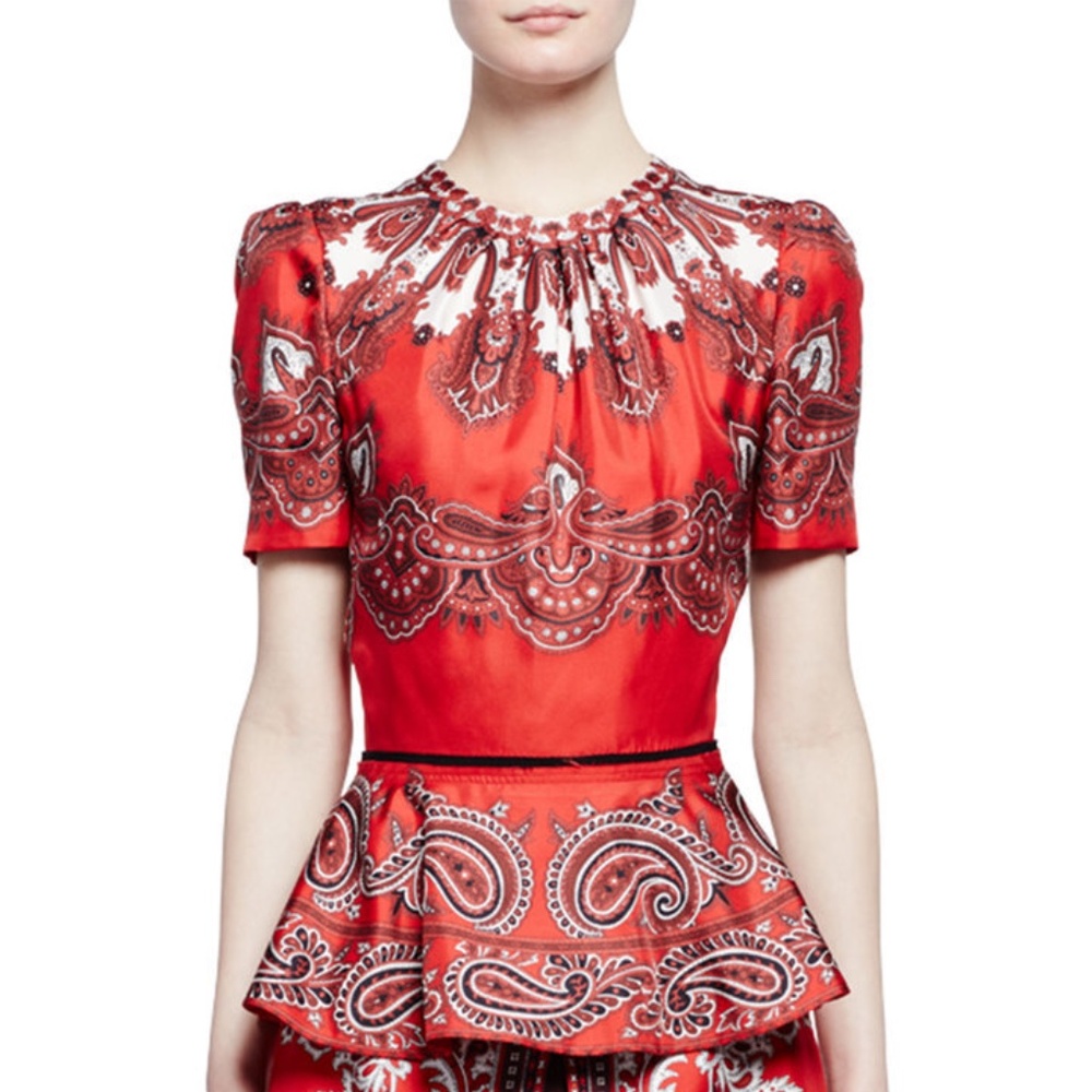 NWT Alexander McQueen Paisley Print Silk Padded Shoulder Peplum Top 38